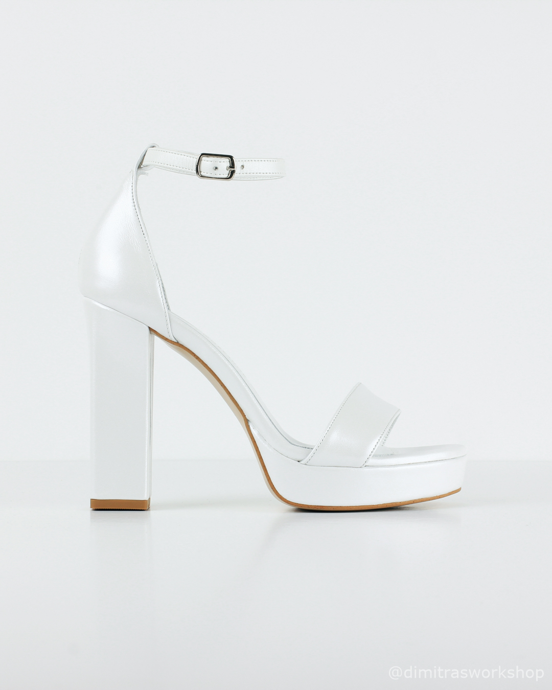 Camille – Λευκό Δερμάτινο Νυφικό Πέδιλο με Χοντρό τακούνι 11 εκ. & Φιάπα